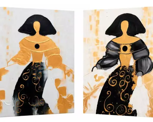 Dos lienzos abstractos de figuras femeninas con vestidos dorados y negros. Arte moderno para hacer lienzo.