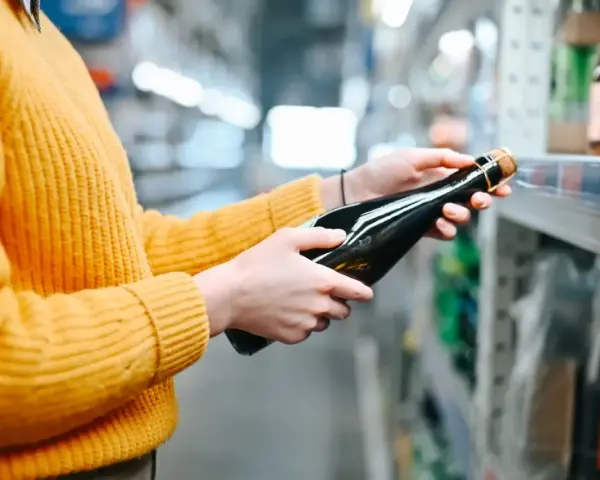 Osoba w żółtym swetrze wybiera butelkę wina, sprawdzając ceny alkoholu we Włoszech.