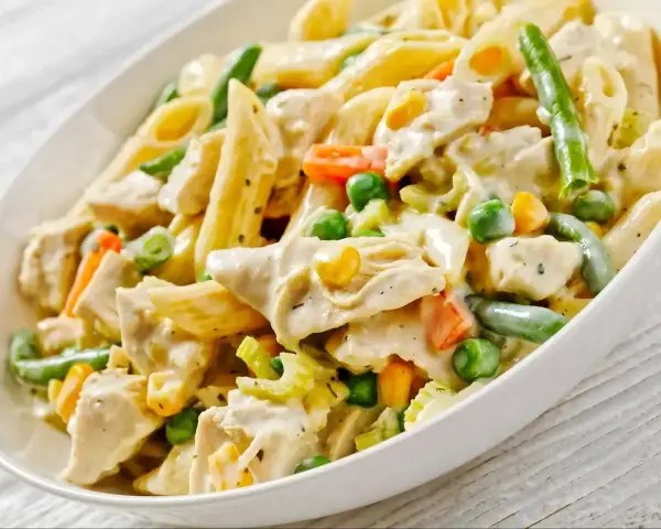 Penne z kurczakiem w kremowym sosie, z groszkiem, marchewką i fasolką szparagową. Pyszne danie obiadowe.