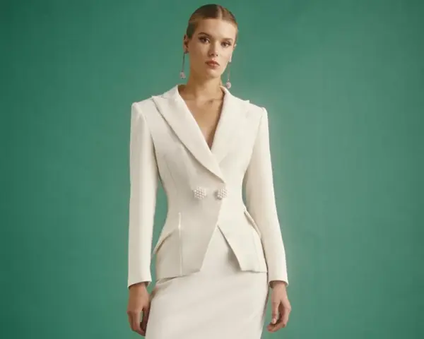 Elegante traje blanco, ideal para saber como ir vestida a un bautizo de dia.