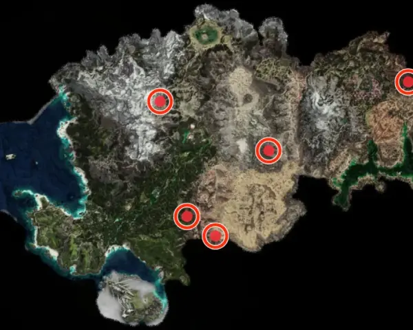 Mapa de los terrenos de caza de Horizon Forbidden West, con puntos rojos marcando ubicaciones clave para la aventura.