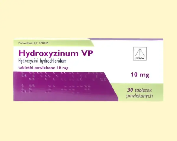 Opakowanie leku Hydroxyzineum VP, zawierające 30 tabletek powlekanych po 10 mg.