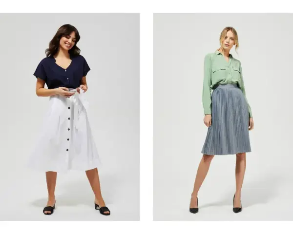 Dwie kobiety prezentują eleganckie stylizacje. Jedna w granatowej bluzce i białej spódnicy, druga w zielonej koszuli i niebieskiej spódnicy. To inspiracja, jak stworzyć odpowiedni dress code.