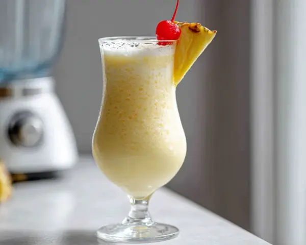 En krämig pina colada i ett glas, garnerad med ananas och ett körsbär. Perfekt för en solig dag!