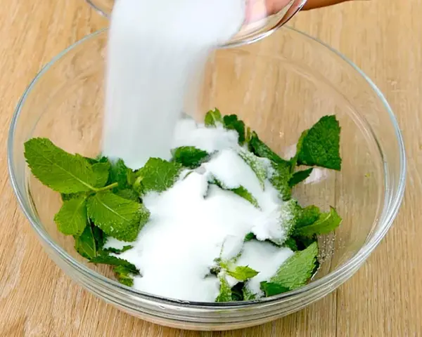 Zucchero bianco viene versato su foglie di menta fresca in una ciotola di vetro, per preparare uno sciroppo di menta fatto in casa.