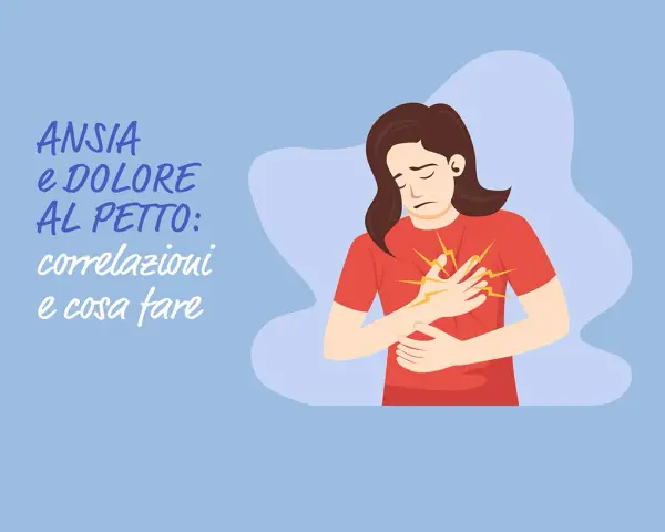 Donna con dolore al petto, un sintomo che può far pensare che si può morire d'ansia. Testo: Ansia e dolore al petto.