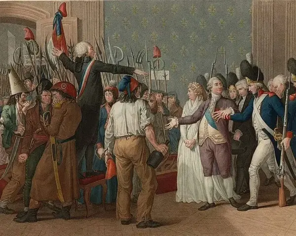 Multitud enardecida, con picas y gorros frigios, confronta a la realeza. Un líder con banda tricolor, símbolo de la Revolución Francesa, arenga.