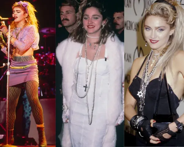 Ikony lat 80. w stylizacjach: Madonna na scenie i na czerwonym dywanie. Krótkie spódniczki, koronkowe bluzki, futra i mnóstwo biżuterii.