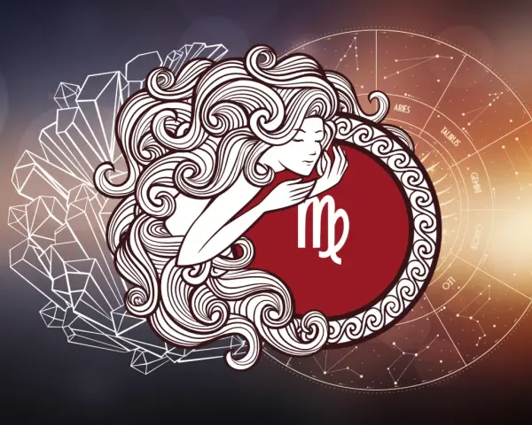 Symbol Panny, znaku zodiaku 4 września, otoczony spiralnymi włosami i kryształami. W tle koło zodiaku.