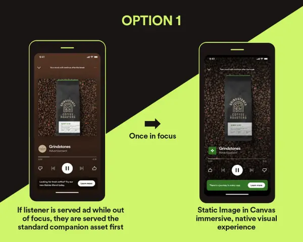 Spotify Canvas: Zwei Handy-Screens zeigen Werbung für Kaffee. Links ein Standard-Asset, rechts ein immersives Erlebnis.