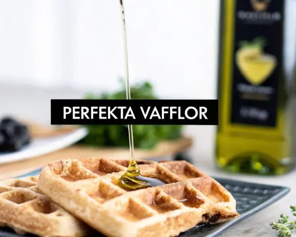 Perfekta våfflor med sirap som ringlas över. En flaska olja och frukt i bakgrunden. Ett enkelt våffelmix recept för alla.