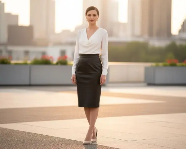 Elegancka kobieta w białej bluzce i czarnej skórzanej spódnicy, idealnie prezentująca, co pasuje do skórzanej spódnicy.