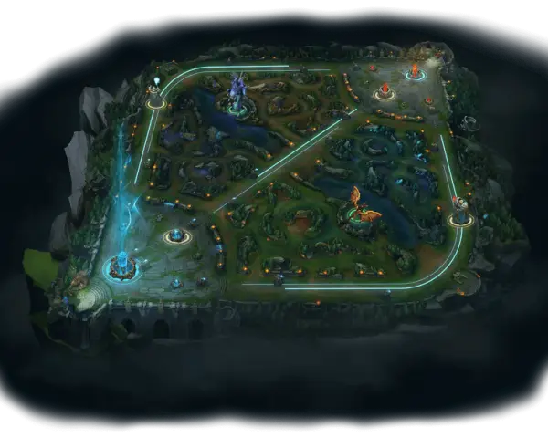 Mapa gry League of Legends z widocznymi ścieżkami, wieżami i bazami.