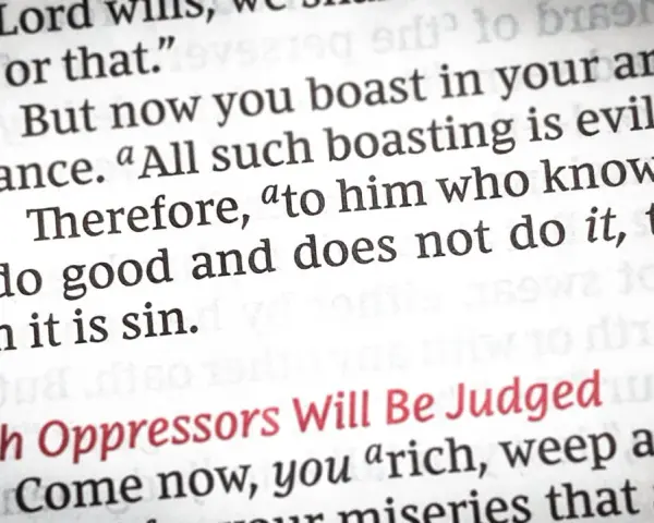 Close-up of a Bible page, showing text about the sin of omission: "to him who knows to do good and does not do it, to him it is sin.