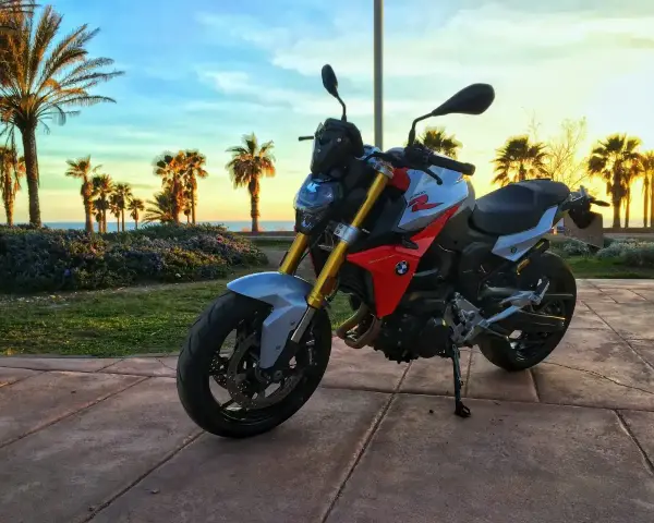BMW F900R na tle palem i zachodzącego słońca. Idealny motocykl na wakacyjne przejażdżki.