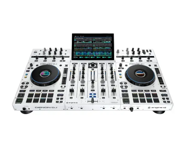 Profesjonalny kontroler DJ Denon DJ PRIME 4+ z ekranem dotykowym, dwoma talerzami i padami.