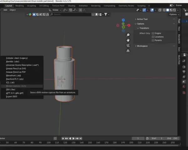 Wybieranie opcji "Motion Capture (.bvh)" z menu "Export" w programie Blender, aby zapisać plik stp.