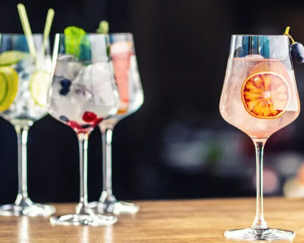 Orzeźwiające drinki na bazie ginu z owocami i lodem. Na pierwszym planie różowy gin z plasterkiem pomarańczy i winogronem.