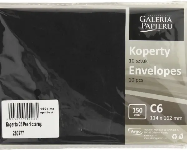Opakowanie czarnych kopert C6 Pearl, 10 sztuk, 150 g/m². Idealne do wysyłki ważnych dokumentów.