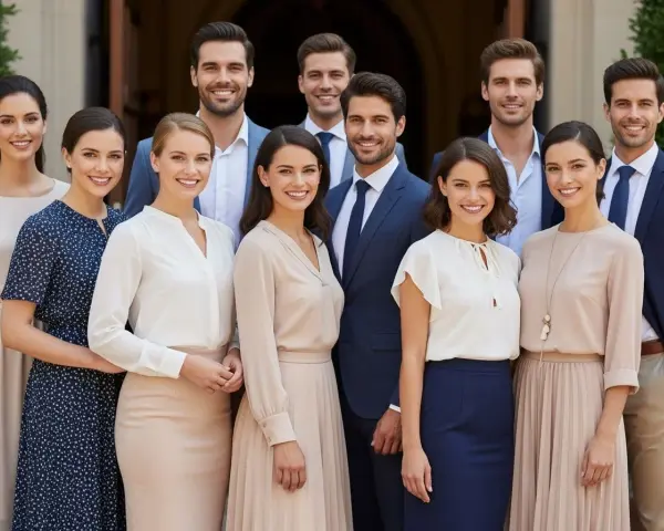 Elegancka grupa ludzi, która może posłużyć jako inspiracja, jak ubrać się do kościoła.