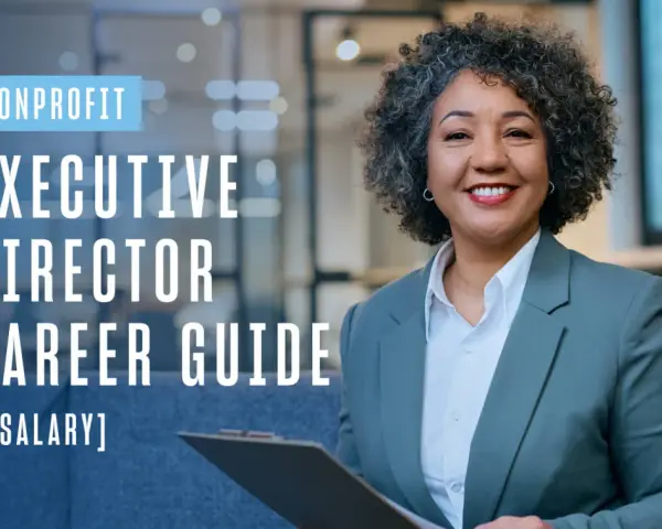 Smiling woman in a suit, with text "Nonprofit Executive Director Career Guide [+Salary]".