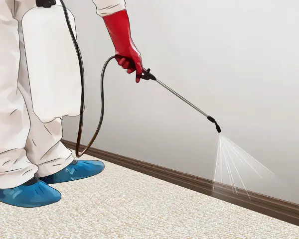 Persona con traje protector y guantes rojos rocía insecticida en la base de una pared para combatir plagas de pulgas.