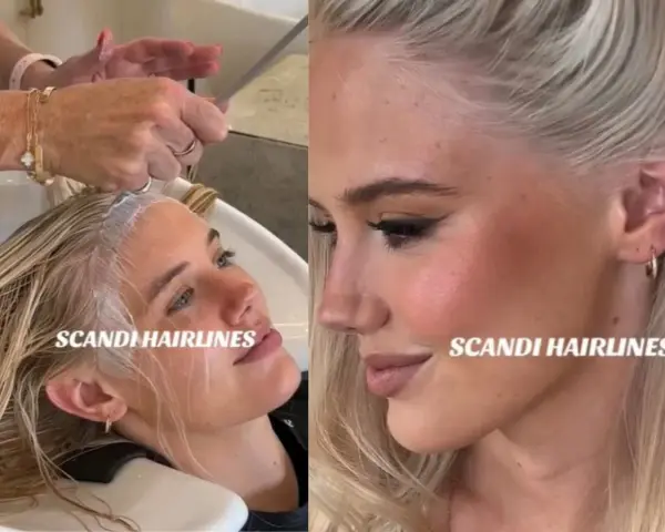 Blondynka w salonie fryzjerskim, jej włosy przy linii czoła są rozjaśniane. Efekt scandi hairline.