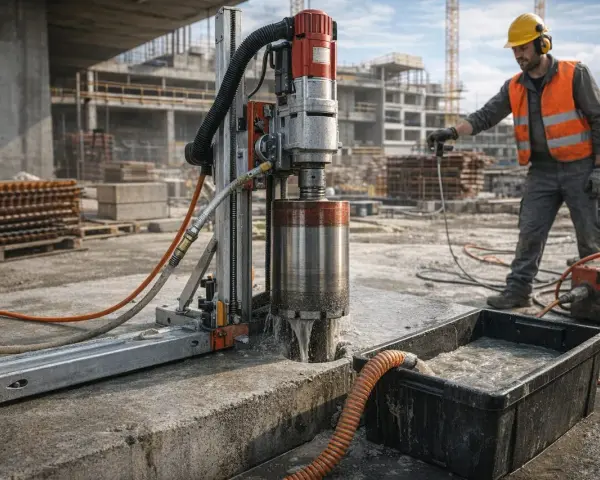 Robot budowlany wykonuje wiercenie dużych otworów w ścianie. Woda chłodzi wiertło i odprowadzana jest do pojemnika.