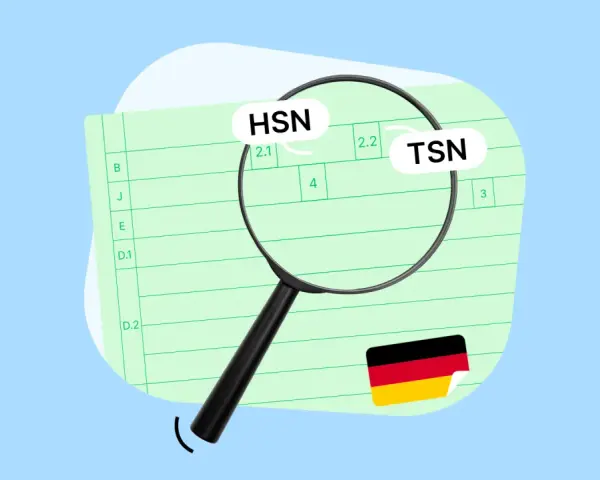 Lupe über Dokument mit HSN und TSN aus Fahrgestellnummer. Deutsche Flagge.