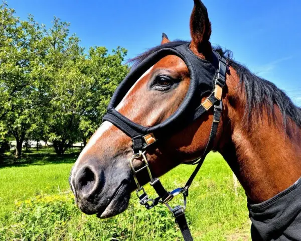 Un cheval brun porte une cagoule anti-mouches, un remède de grand-mère contre les mouches, dans un pré verdoyant sous un ciel bleu.