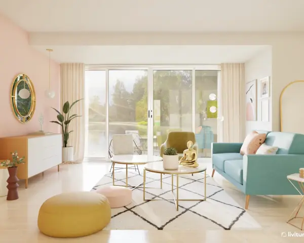 Un salón eclectico con sofá turquesa, mesa de centro dorada, pufs coloridos y un espejo ovalado.