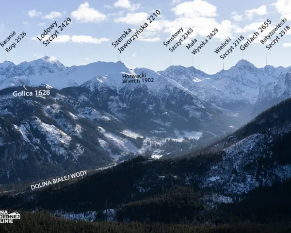 Widok na ośnieżone Tatry z nazwami szczytów: Lodowy, Gerlach, Baranie Rogi, Dolina Białej Wody.