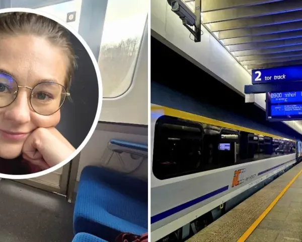 Uśmiechnięta kobieta w okularach w pociągu, obok peron z tablicą informującą o odjeździe pociągu **Berlin Warszawa Express**.