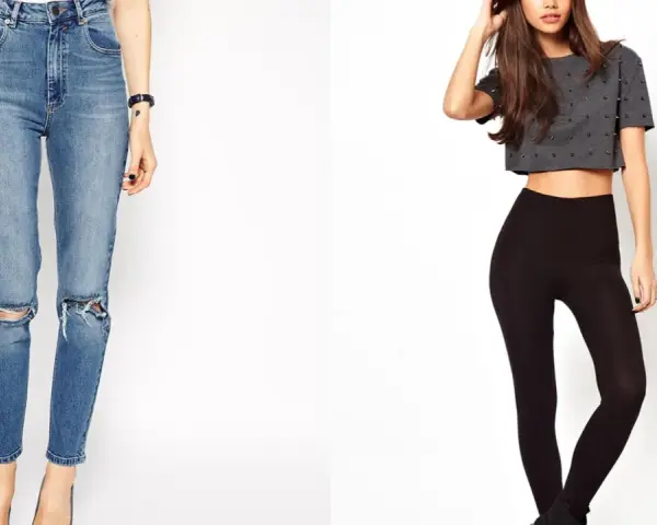 Dos mujeres, una con jeans rotos y la otra con leggings negros y top corto. ¿Qué significa petite? Estilos que realzan la figura.