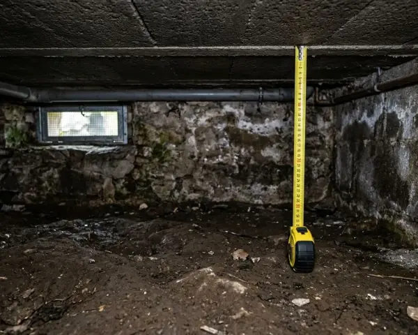 Mètre-ruban dans un vide sanitaire sombre, mesurant la hauteur sous le plafond en béton. Murs de pierre humides et sol terreux.