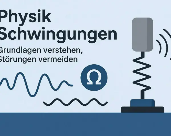 Physik: Schwingungen verstehen. Ein System mit Federkonstante schwingt, Wellenlinien und Omega-Symbol illustrieren das Thema.