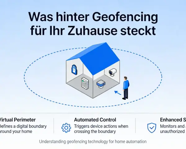 Ein Haus mit virtuellem Zaun erklärt, was ist geofencing: virtuelle Grenzen, automatisierte Steuerung & erhöhte Sicherheit für Ihr Zuhause.