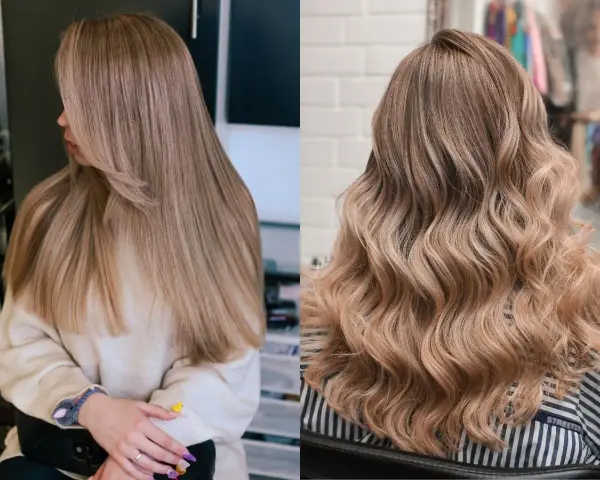 Dwie kobiety prezentują modne kolory włosów: jeden prosty, beżowy blond, drugi falowany, z subtelnymi refleksami.