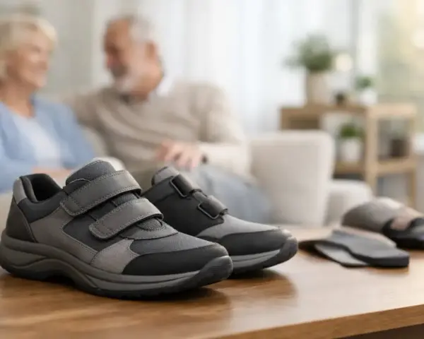 Scarpe comode con velcro, ideali per chi soffre di consumo scarpe tallone esterno. Coppia anziana sullo sfondo.