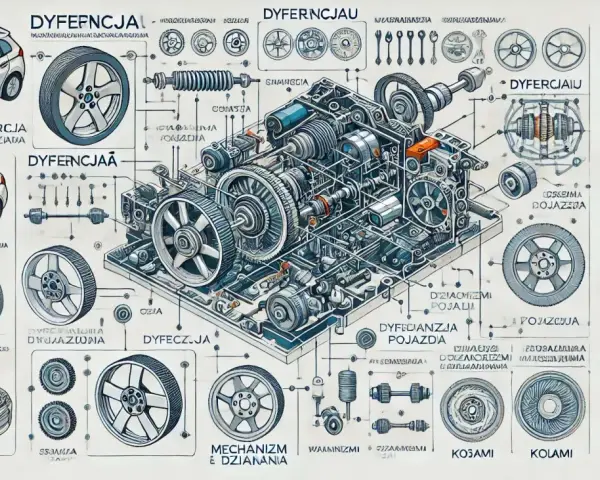 Ilustracja techniczna przedstawiająca schemat budowy dyferencjału z elementami samochodowymi i kołami.