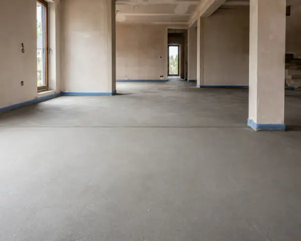Surowa posadzka betonowa z widoczną linią dylatacji, przygotowana do dalszych prac wykończeniowych.