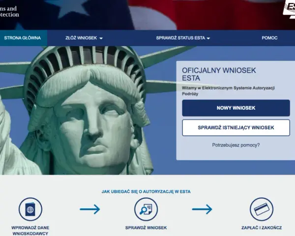 Oficjalna strona ESTA, umożliwiająca złożenie wniosku o autoryzację podróży do USA bez wiz.