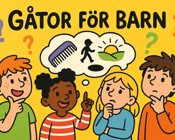 Barn funderar på svåra gåtor. En flicka pekar och verkar ha en idé, medan de andra ser fundersamma ut.