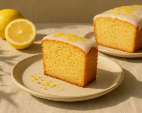 Ein Stück saftiger, veganer Zitronenkuchen mit Zuckerguss und Zitronenschale bestreut. Daneben liegen frische Zitronen.
