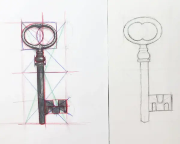 Un objet dessin facile : une clé ancienne, d'abord esquissée avec des guides de construction, puis dessinée au trait.