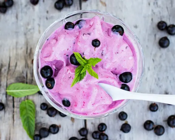 Ein Schälchen mit cremigem Johannisbeer Eis, garniert mit frischer Minze und ganzen Beeren.