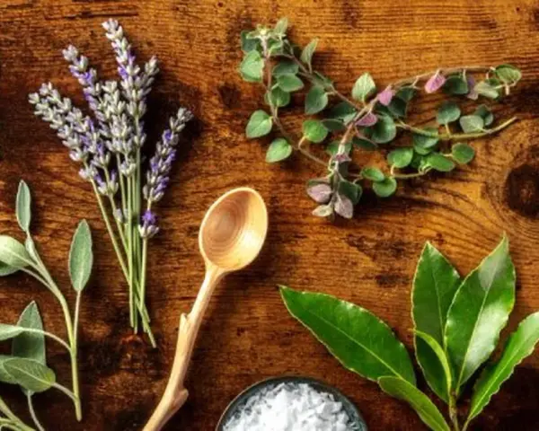 Variedad de hierbas frescas, incluyendo lavanda y romero, dispuestas sobre madera. Explora los usos de las hierbas provenzales en la cocina y aromaterapia.