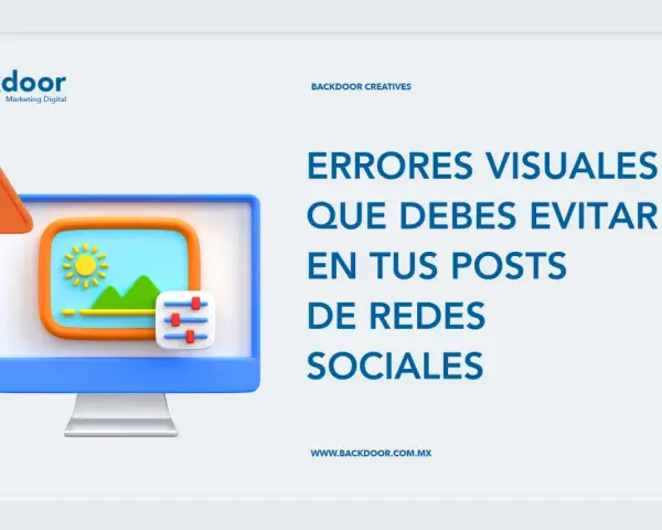 Icono de advertencia y pantalla de ordenador con paisaje, junto a texto sobre errores visuales en posts. Imágenes sin copy right.