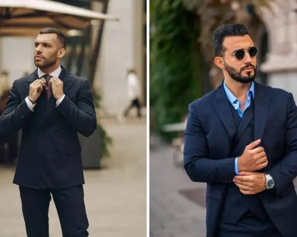 Uomini eleganti in abiti scuri, perfetti per un'occasione di cocktail attire.