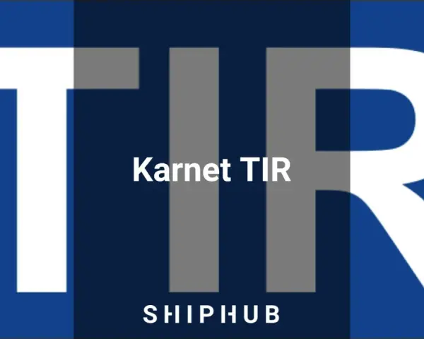Duże białe litery TIR na granatowym tle. Pośrodku napis "Karnet TIR" i poniżej "SHIPHUB".